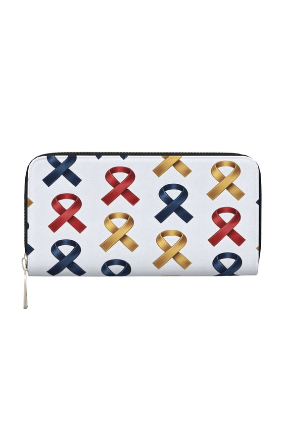 Leather Zipper Pocket Hand Wallet For Women And Men Travel Leather Purse Large Capacity Credit Card Holder Cancer Awareness Ribbon Pattern - Metallic Elegance (1)