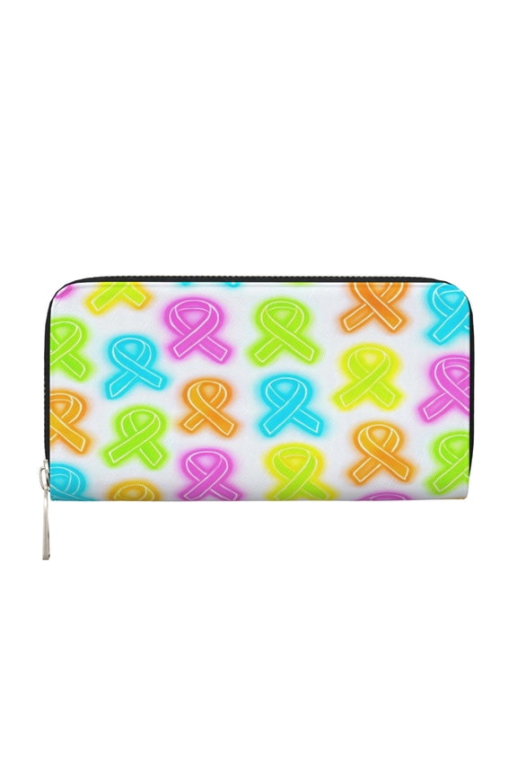 Leather Zipper Pocket Hand Wallet For Women And Men Travel Leather Purse Large Capacity Credit Card Holder Cancer Awareness Ribbon Pattern - Neon Vibrance