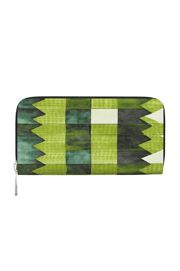 Leather Zipper Pocket Hand Wallet For Women And Men Travel Leather Purse Large Capacity Credit Card Holder Chartreuse Retro Houndstooth Hand-Drawn Sketch_4