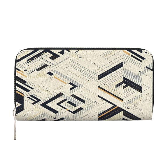 Leather Zipper Pocket Hand Wallet For Women And Men Travel Leather Purse Large Capacity Credit Card Holder Darkorchid Geometric Lines Hand-Drawn Sketch_3