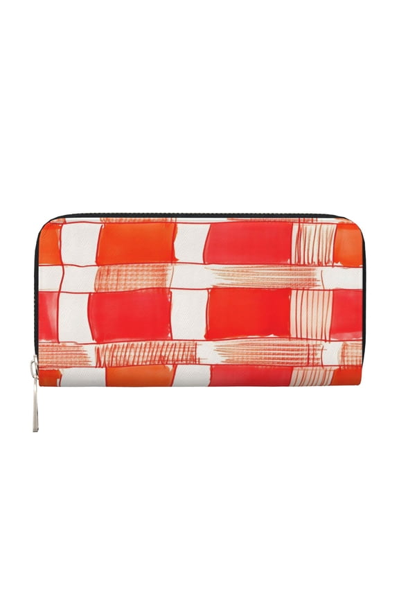 Leather Zipper Pocket Hand Wallet For Women And Men Travel Leather Purse Large Capacity Credit Card Holder Orangered Houndstooth Checkered Hand-Drawn Sketch_1