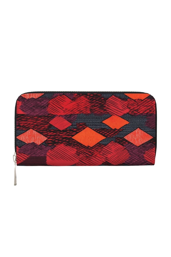 Leather Zipper Pocket Hand Wallet For Women And Men Travel Leather Purse Large Capacity Credit Card Holder Red Colorful Houndstooth Hand-Drawn Sketch_2