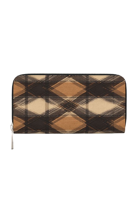 Leather Zipper Pocket Hand Wallet For Women And Men Travel Leather Purse Large Capacity Credit Card Holder Sandybrown Buffalo Plaid Check Tartan Scotland_2