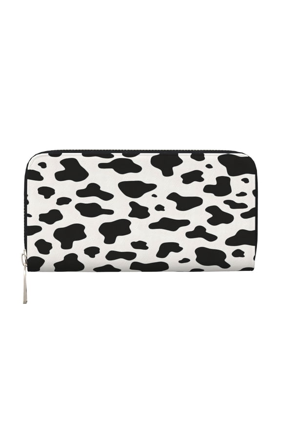 Leather Zipper Pocket Hand Wallet For Women And Men Travel Leather Purse Large Capacity Credit Card Holder Simple Cow Print Pattern, Vector Art Style_1