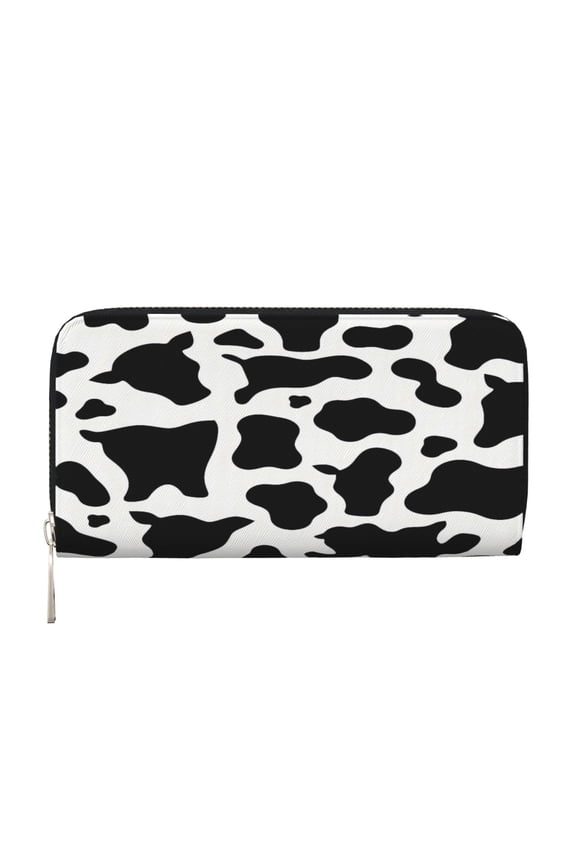 Leather Zipper Pocket Hand Wallet For Women And Men Travel Leather Purse Large Capacity Credit Card Holder Simple Cow Print Pattern, Vector Art Style_4