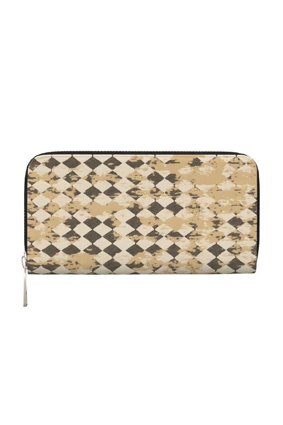Leather Zipper Pocket Hand Wallet For Women And Men Travel Leather Purse Large Capacity Credit Card Holder Tan Houndstooth Vintage Texture Hand-Drawn Sketch_3