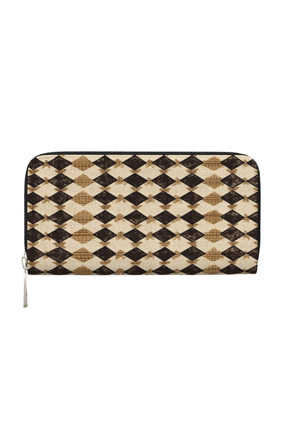 Leather Zipper Pocket Hand Wallet For Women And Men Travel Leather Purse Large Capacity Credit Card Holder Tan Houndstooth Vintage Texture Hand-Drawn Sketch_4