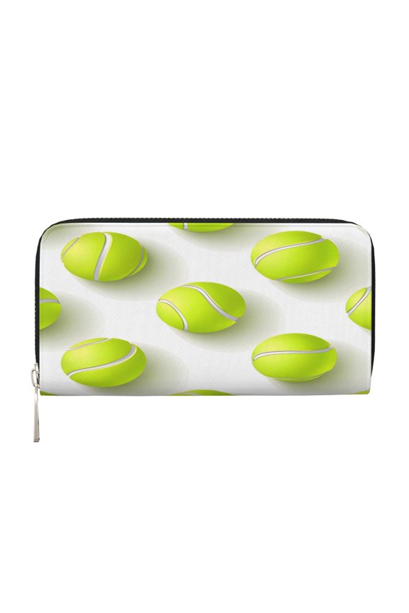 Leather Zipper Pocket Hand Wallet For Women And Men Travel Leather Purse Large Capacity Credit Card Holder Tennis Theme Sporty Dynamic Style Yellow Green Tennis Balls