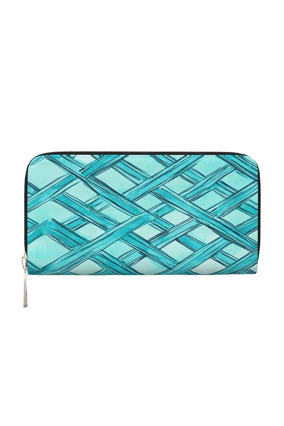 Leather Zipper Pocket Hand Wallet For Women And Men Travel Leather Purse Large Capacity Credit Card Holder Turquoise Moroccan Trellis Hand-Drawn Sketch_62922_2