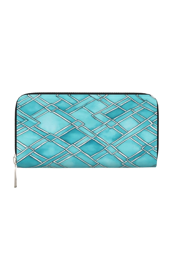 Leather Zipper Pocket Hand Wallet For Women And Men Travel Leather Purse Large Capacity Credit Card Holder Turquoise Moroccan Trellis Hand-Drawn Sketch_62922_3