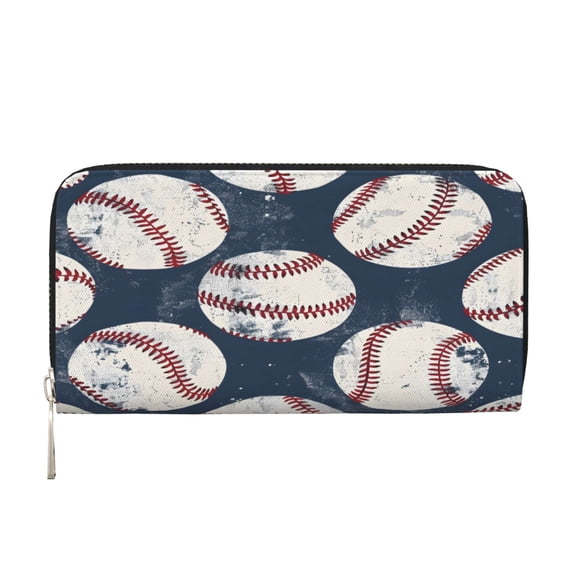 Leather Zipper Pocket Hand Wallet For Women And Men Travel Leather Purse Large Capacity Credit Card Holder Vintage Baseball Theme Retro Sport Style Worn Leather Baseballs