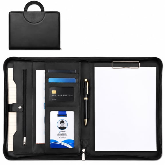 Leather Zippered Padfolio, A4 Portfolio Organizer with Handle, Multi-Pocket Document Folder for Men, Office and Business Use