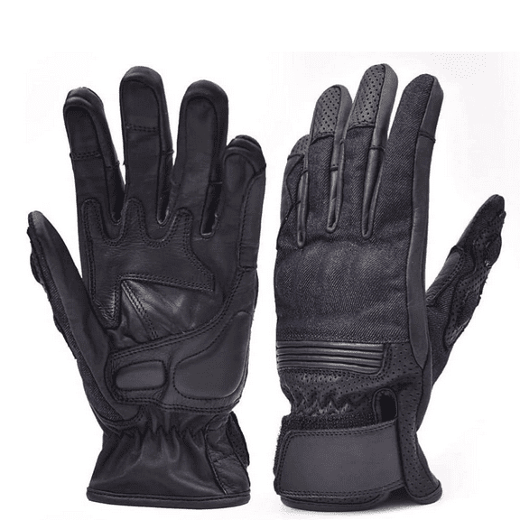 Leather and Denim Motorcycle Gloves, Racing Gloves, Biking Gloves with Touchscreen Material and Magic Closure