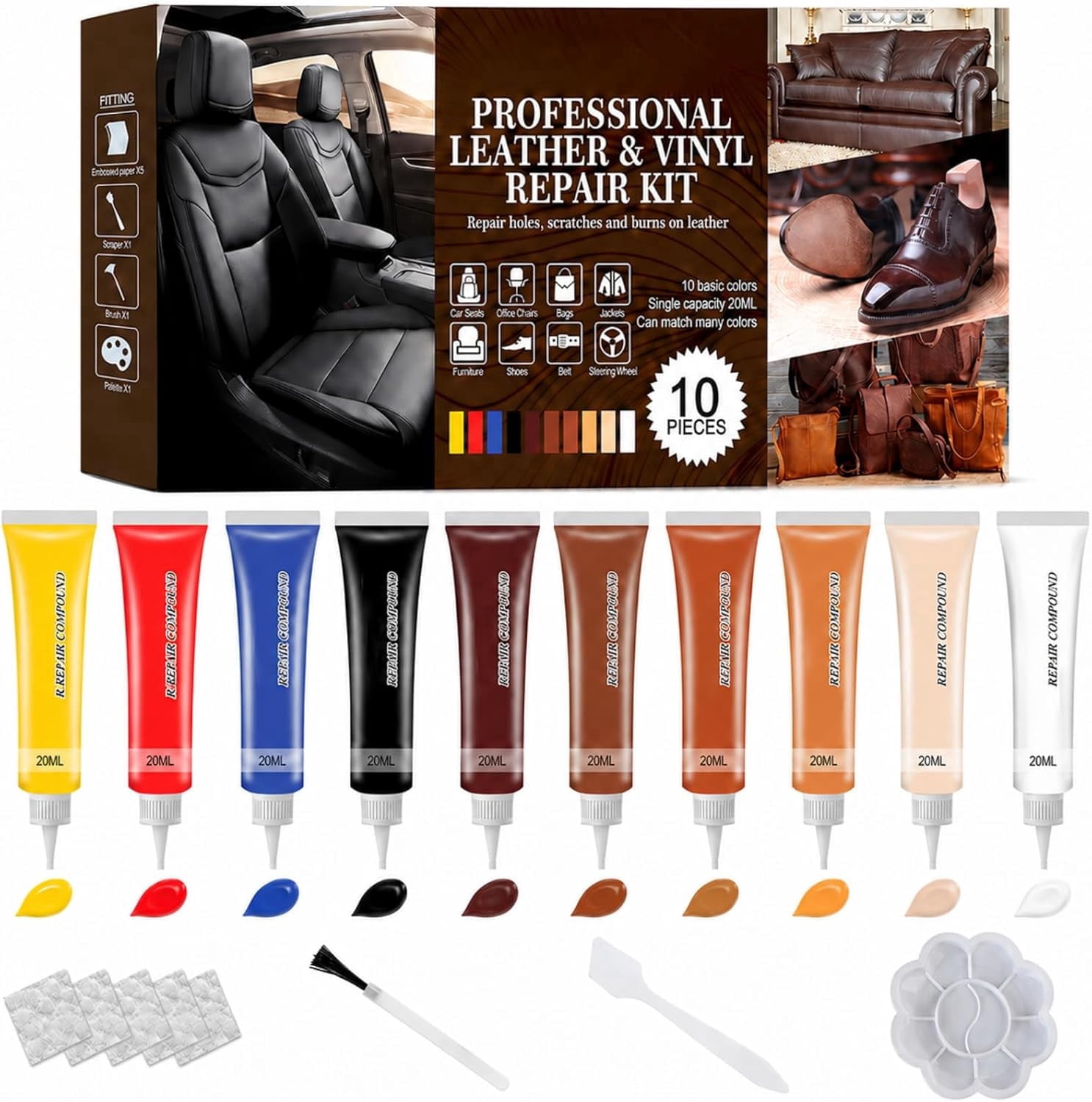 Leather and Vinyl Repair Gel Kit, 10 Color Options for Surface Restoration