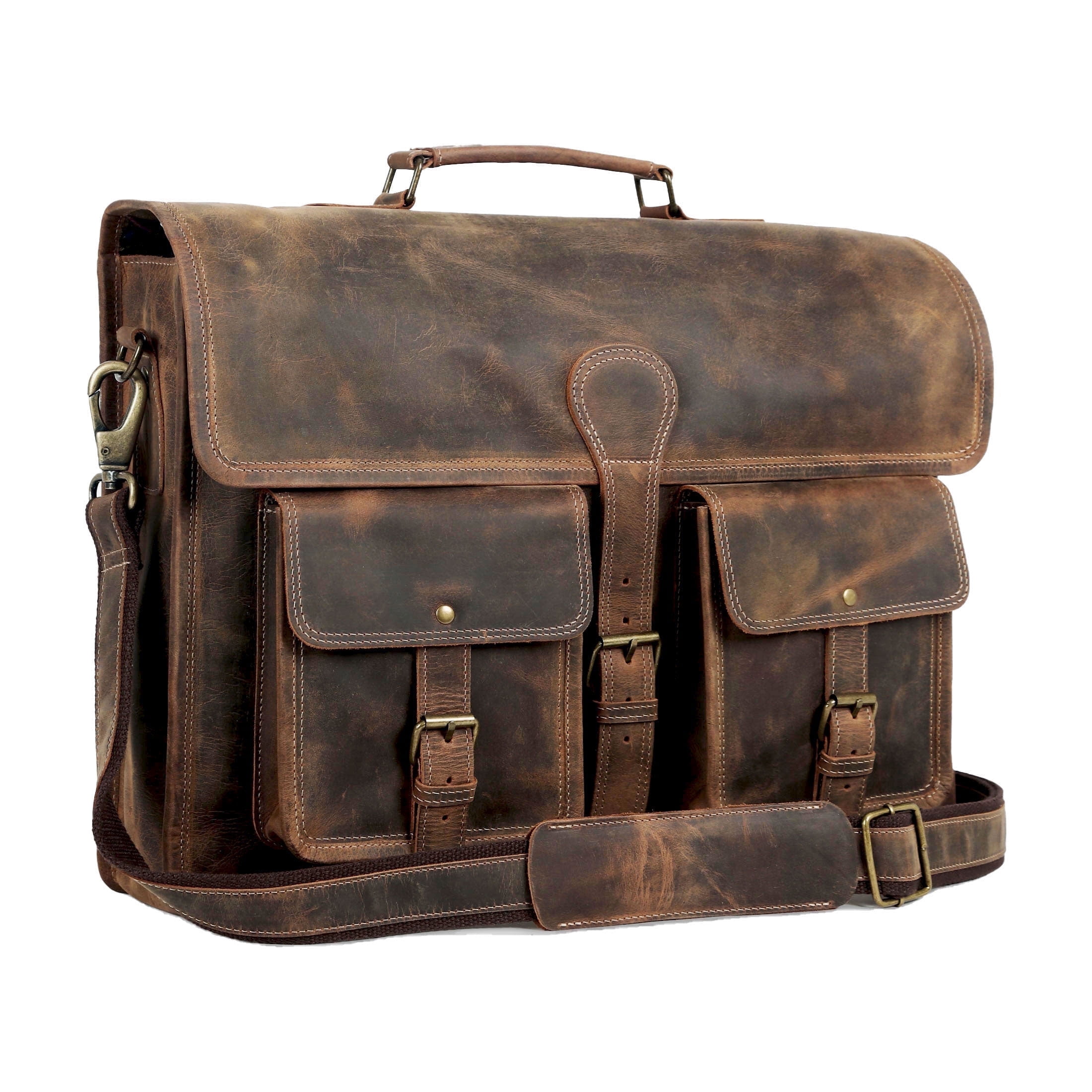 18-Inch Leather Laptop Messenger Bag for Men & Women – Vintage Office Briefcase Satchel with Shoulder Strap for Work & Travel
