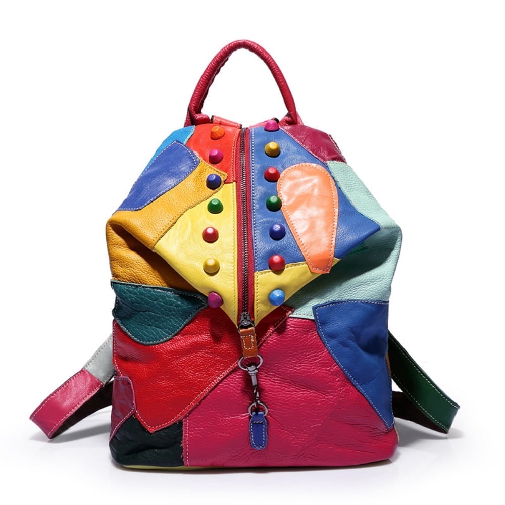Leather color block patchwork backpack, multi-purpose dual carrying ...