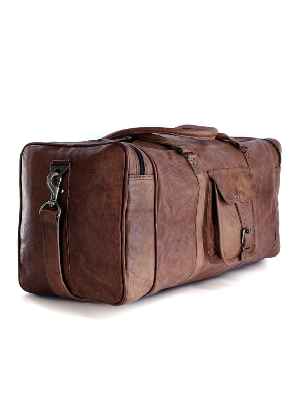Leather duffel bag large 24 Inch Square Duffel Travel Gym Sports Overnight Weekender Leather Bag for men and women by Komal's Passion Leather