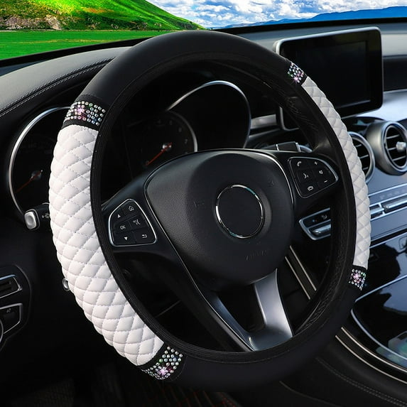 Leather embroidered three-dimensional color diamond car steering wheel cover without inner ring interior suitable for 14.5-15 inch women