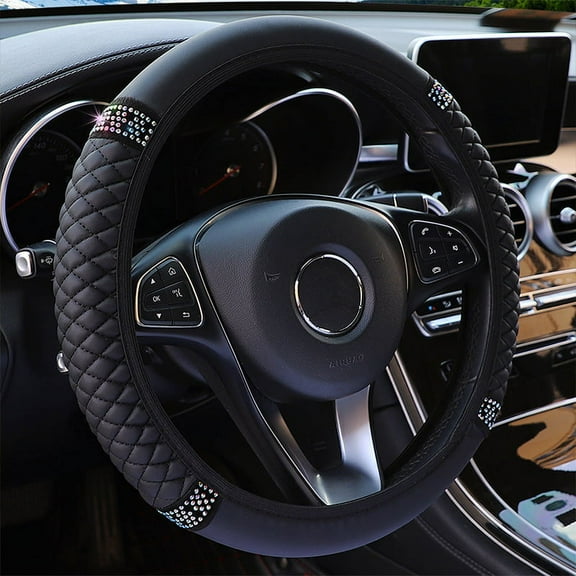 Leather embroidered three-dimensional color diamond car steering wheel cover without inner ring interior suitable for 14.5-15 inch women