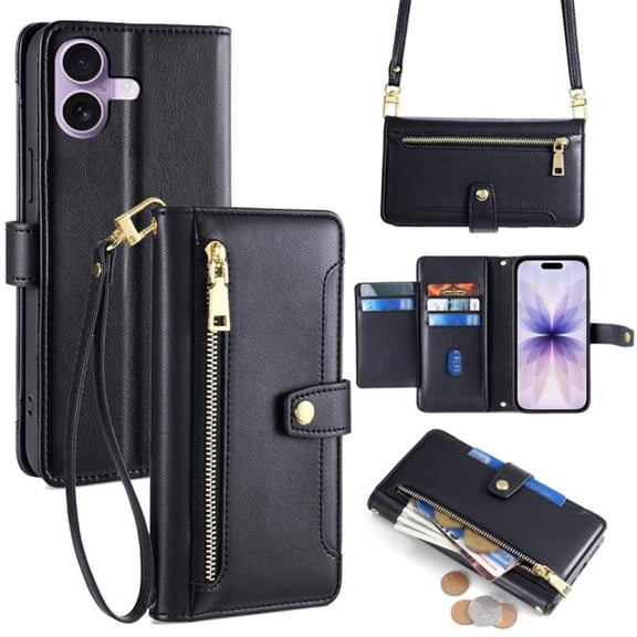 Leather for iPhone 17 6.3" Case with 6-Card Holder Zipper Bills Slot, Soft Sheepskin Shoulder Wrist Strap Wallet Case Women,Black,For iPhone 17