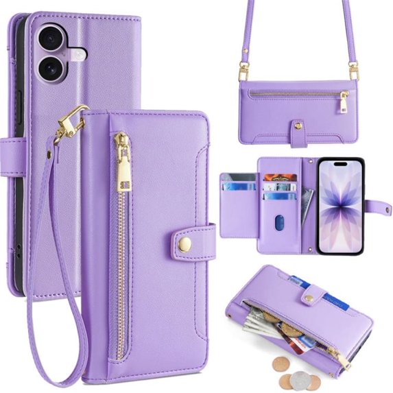 Leather for iPhone 17 6.3" Case with 6-Card Holder Zipper Bills Slot, Soft Sheepskin Shoulder Wrist Strap Wallet Case Women,Purple,For iPhone 17