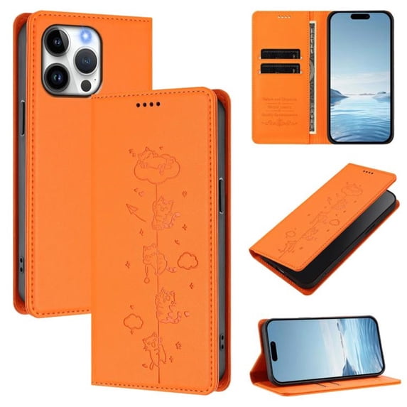 Leather For iPhone 11 Pro Max, RFID Blocking Protection, Playful Cats Embossed Flip Wallet Leather Case With Card Holder Magnetic Closure Phone Cases Cover,Orange,For iPhone 11 Pro Max