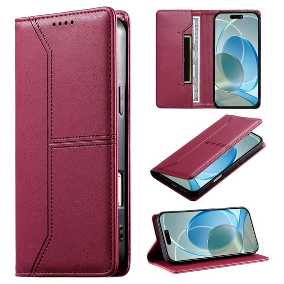 Leather For iPhone 13 Pro Case【RFID Blocking】Wire Pressing Process Flip Wallet Leather Case With Card Holder Magnetic Closure Phone Cases Cover,Red,For iPhone 13 Pro
