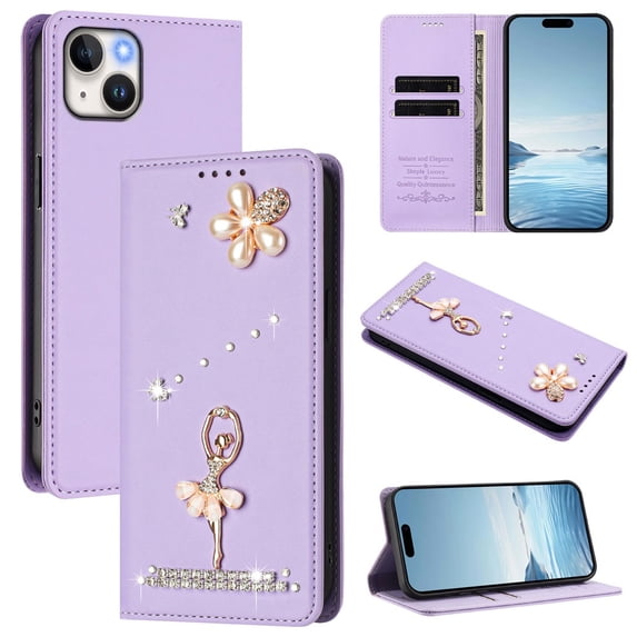 Leather For iPhone 14 / 13 Case【RFID Blocking】Ballet Girl Flip Wallet Leather Case With Card Holder Magnetic Closure Phone Cases Cover,Purple,For iPhone 14 / 13