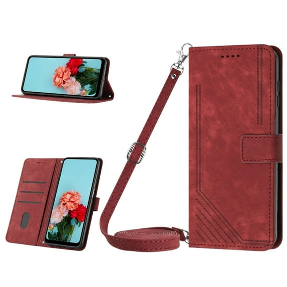 Leather For iPhone 14 Pro Flip Case with Card Holder Magnetic Closure Shockproof Kickstand Protective Retractable lanyard Phone Cases Cover,Red,For iPhone 14 Pro
