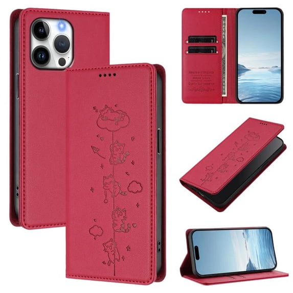Leather For iPhone 14 Pro , RFID Blocking Protection, Playful Cats Embossed Flip Wallet Leather Case With Card Holder Magnetic Closure Phone Cases Cover,Red,For iPhone 14 Pro