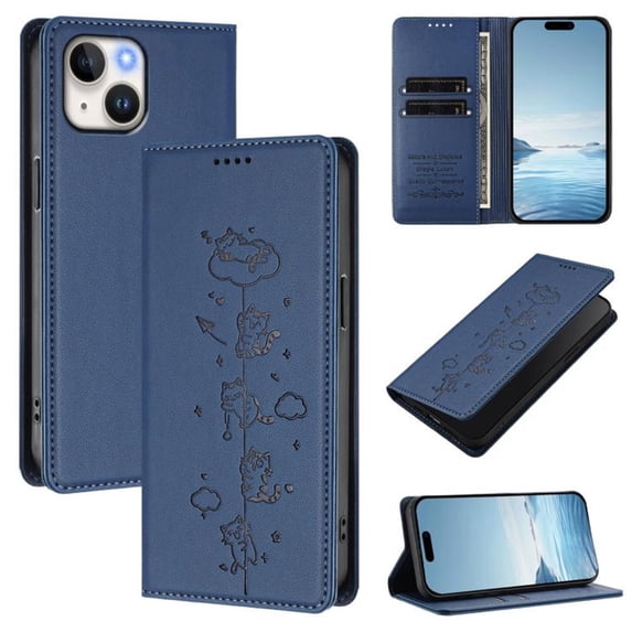 Leather For iPhone 15 , RFID Blocking Protection, Playful Cats Embossed Flip Wallet Leather Case With Card Holder Magnetic Closure Phone Cases Cover,Dark blue,For iPhone 15