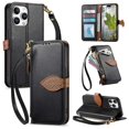 thumbnail image 1 of Leather For iPhone 16 Pro Case Leaf buckle zipper wallet  3-card  Flip Wallet Leather Case With Card Holder Magnetic Closure  Phone Cases Cover,Black,For iPhone 16 Pro, 1 of 7