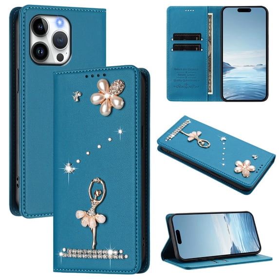 Leather For iPhone 16 Pro Case 【RFID Blocking】Ballet Girl Flip Wallet Leather Case With Card Holder Magnetic Closure Phone Cases Cover,Blue,For iPhone 16 Pro