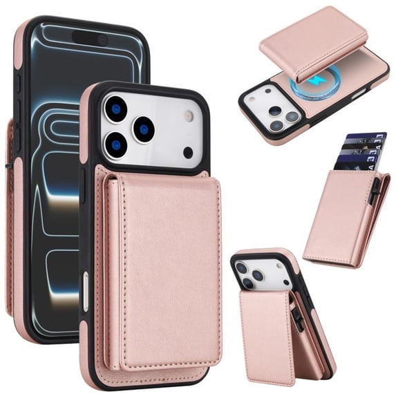 Leather For iPhone 17 Pro Case With 2-in-1 Pop-up Card Holder, Wallet Case For Women Men With RFID Blocking, Durable Leather Kickstand Magnetic Clasp Shockproof Phone Case,Rose gold