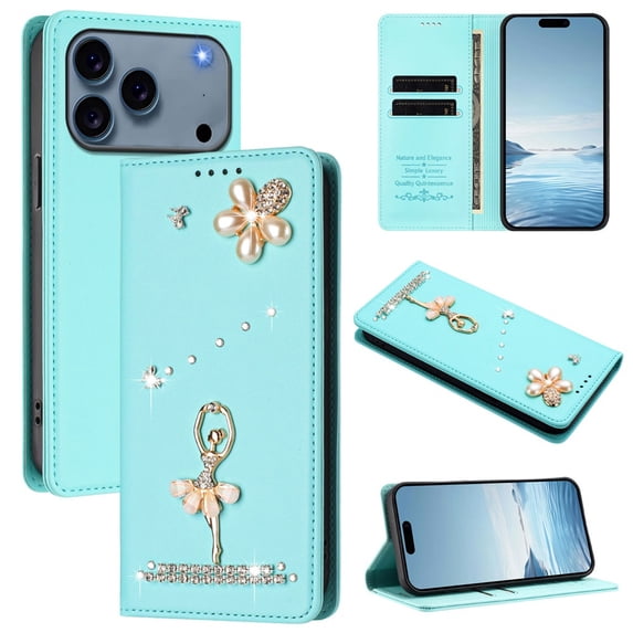 Leather For iPhone 17 Pro Case 【RFID Blocking】Ballet Girl Flip Wallet Leather Case With Card Holder Magnetic Closure Phone Cases Cover,Green,For iPhone 17 Pro
