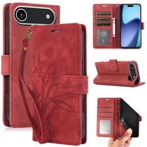 Leather For iPhone Air Case Orchids&Butterflies Embossed 3-card Flip Wallet Leather Case With Card Holder Magnetic Closure Phone Cases Cover,Red,For iPhone Air