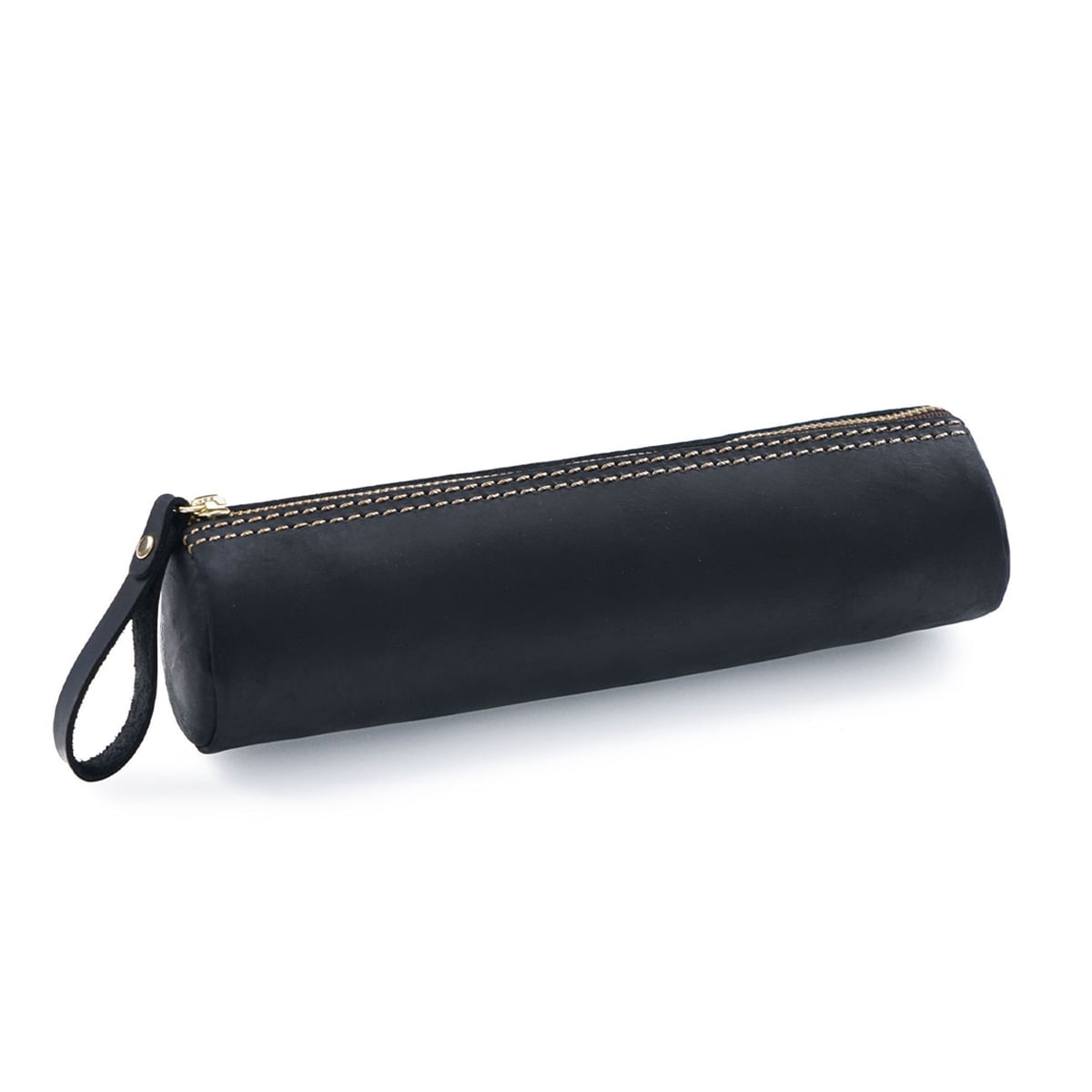 Leather pencil case, handcrafted leather pencil case with zipper, large capacity stationery storage caseblack