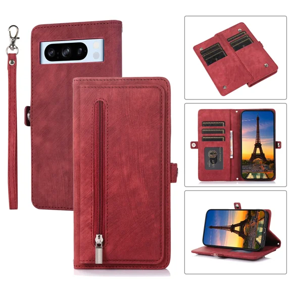 Leather wallet phone case, multifunctional and multi card slot holder, wallet zipper, strong magnetic closure, shockproof full set of flip leather suitable for iPhone 6/6S Plus phone case