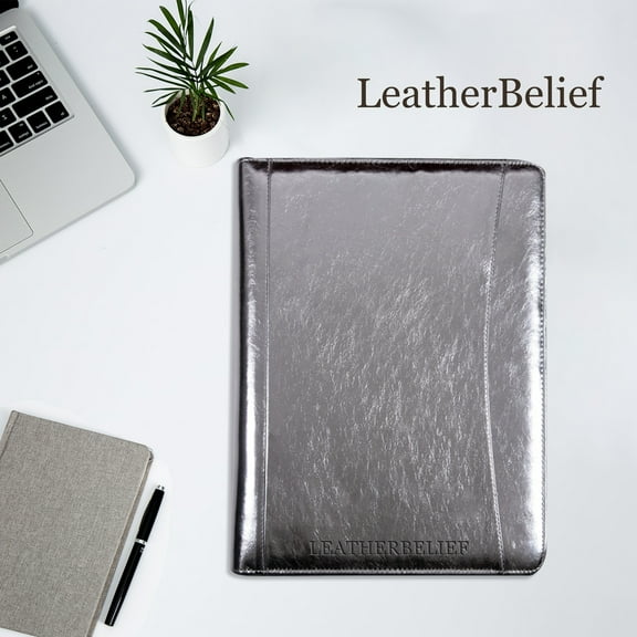 LeatherBelief Classic Silver Portfolio 3 Ring Binder,Vegan Leather Portfolio Binder with Zipper,Business Padfolio Organizer Notepad Holder,Folder with Tablet Sleeve for ipad Pro 13 MacBook