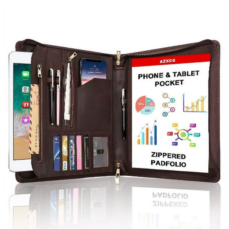 LeatherBelief Leather Portfolio for Men Zippered Portfolio Folder Case Leather Professional Padfolio for 12.9inch Tablet A4 Size Notepad Folio