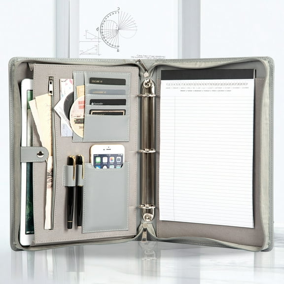LeatherBelief 3-Ring Binder, Eco-Friendly Leather Portfolio, Zippered Business Organizer, Gray
