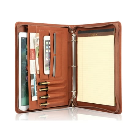 LeatherBelief Portfolio 3 Rings Binder,Zipper PU Leather Padfolio, Business Organizers with A4 Legal Pads, Gift for Him, Brown