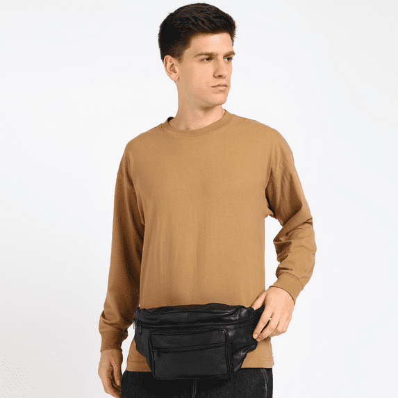 LeatherBoss Black Leather Fanny Pack - Unisex Waist Belt Bag for Men and Women - Stylish Hip Pouch for Travel