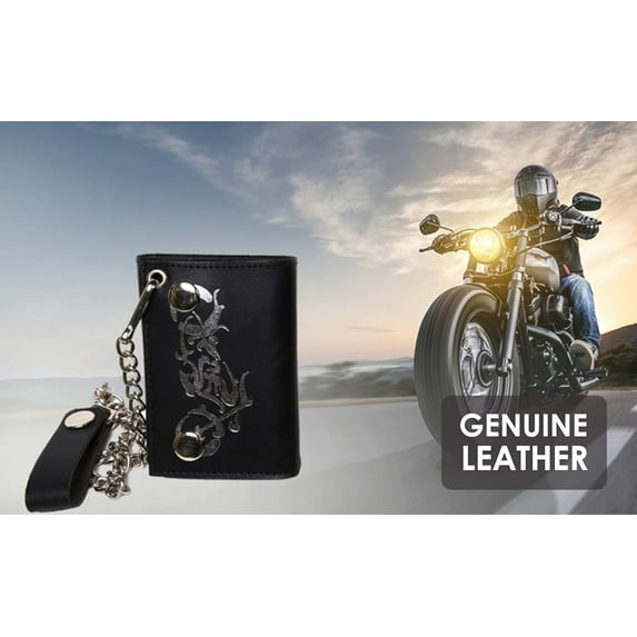 Leatherboss Genuine Leather Motorcycle Print ID Card Holder Wallet with Chain, Black