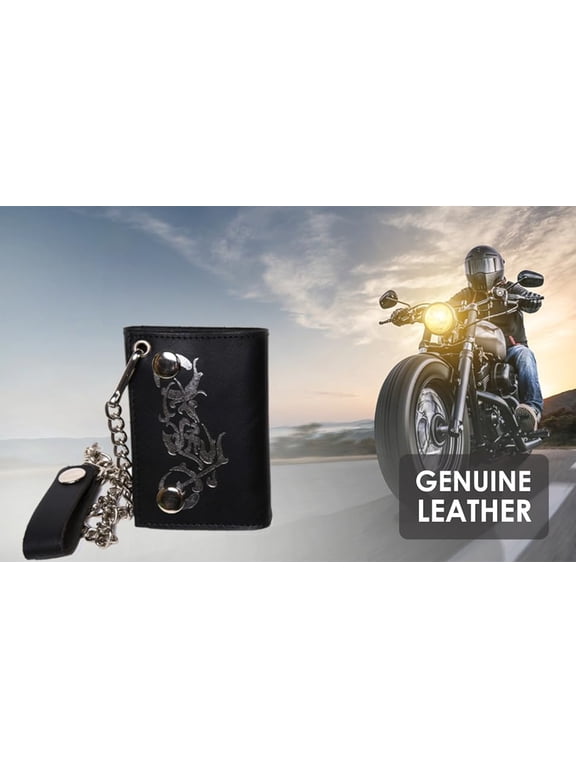 Genuine Leather Motorcycle Print ID Card Holder Wallet with Chain, Black