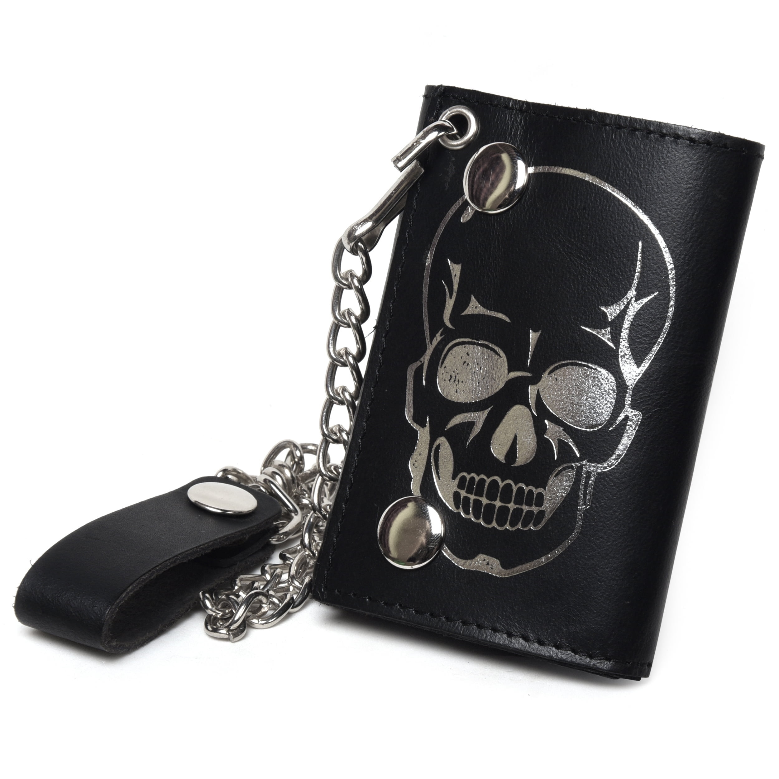 Leatherboss, Biker Wallet, Skull Chain Trifold, Genuine Leather