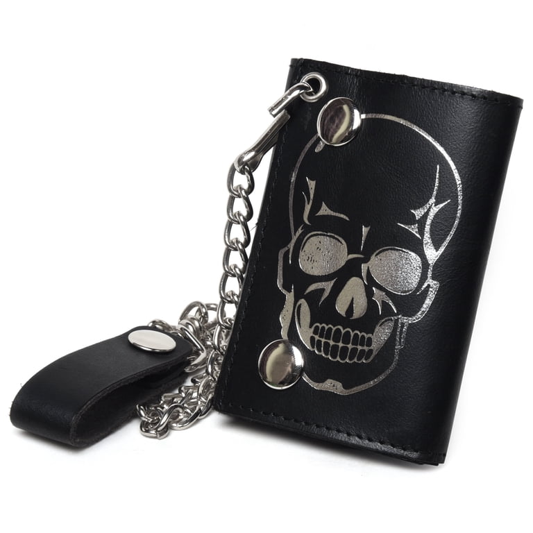 Leatherboss, Biker Wallet, Skull Chain Trifold, Genuine Leather