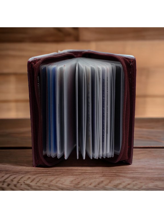 Genuine Leather 30 Vinyl Pages Credit Card or Picture Holder Wallet with Zipper Closing - Wine