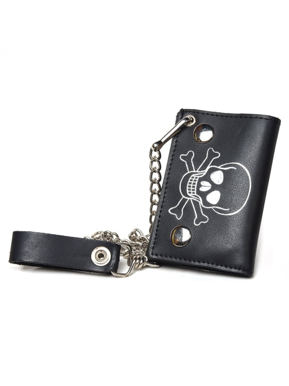Genuine Leather Biker wallet Trifold Skull and Bones with chain