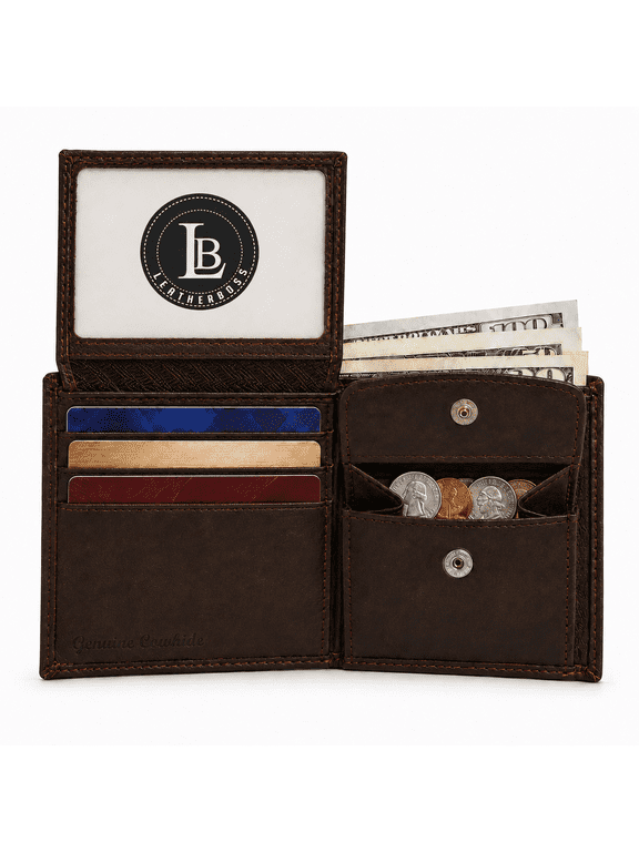 Genuine Leather Boys Mens Slim Compact Flap Clear ID Credit Cards Coin Pocket Bifold Wallet: Dark Brown